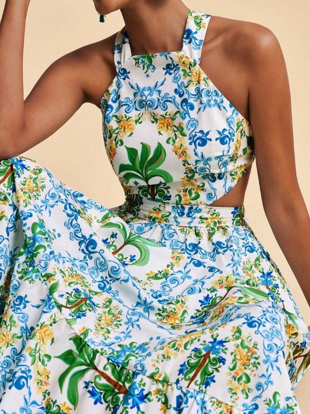 Multicolor Boho Women's Vacation Woven Backless Floral Maxi Dress